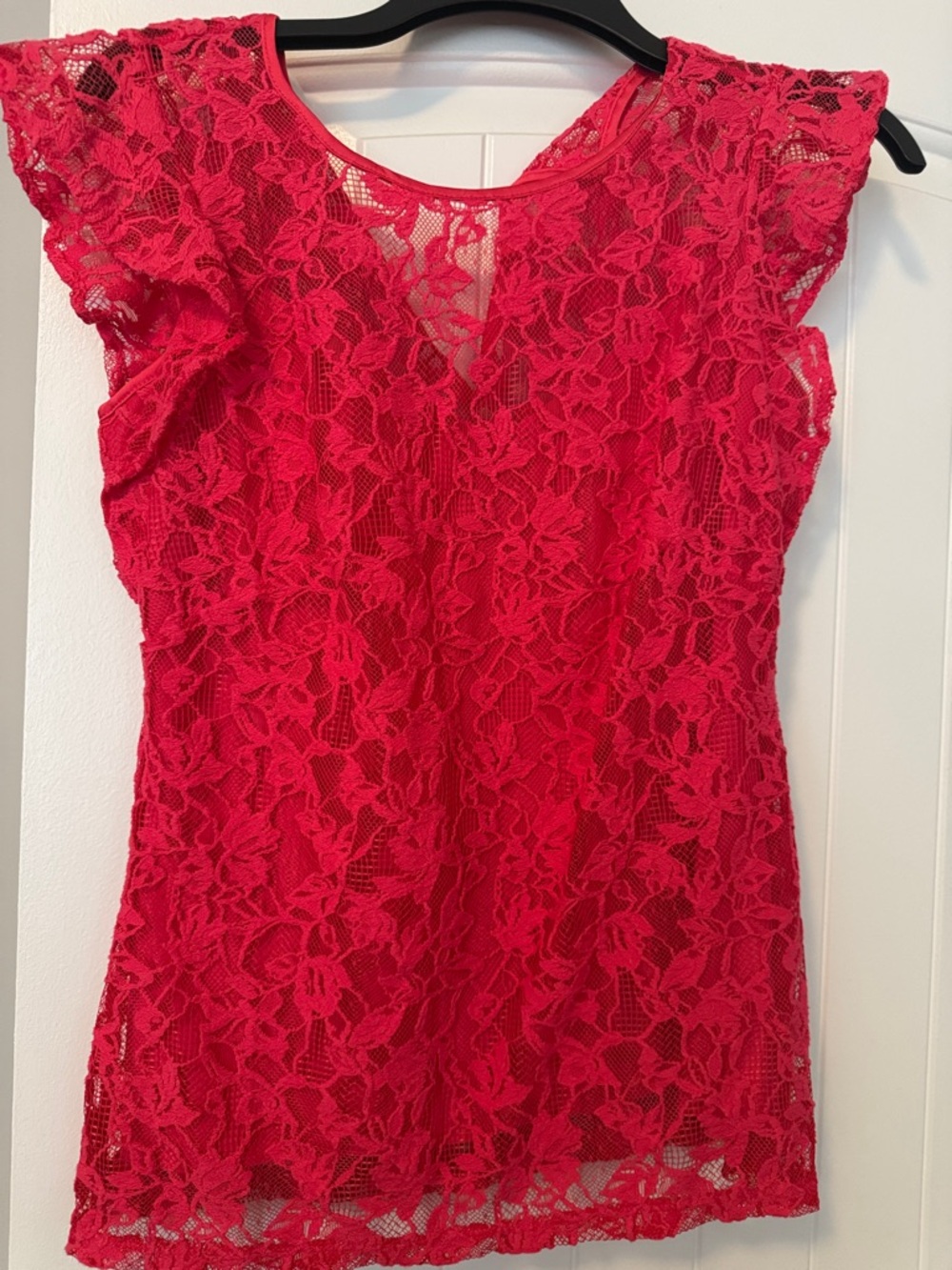 White House Black Market Red Lace Flutter-Sleeve Blouse